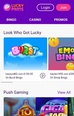 Lucky Pants Bingo mobile app